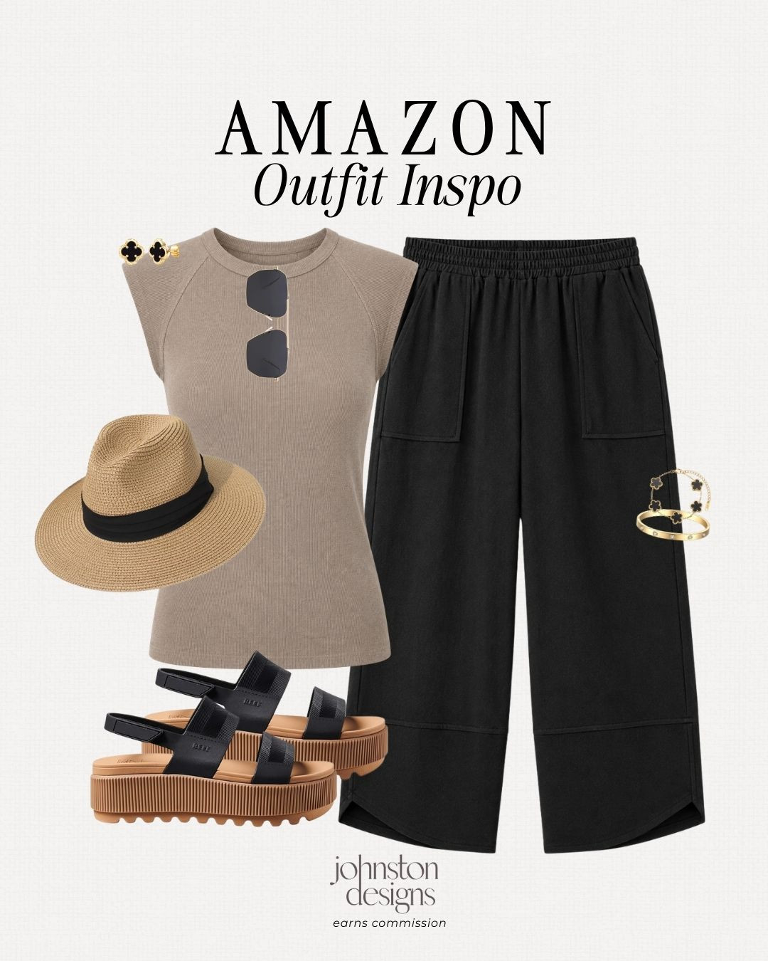 Amazon outfit inspo for an easy neutral summer look. 🤍 Love these black wide leg pants styled with a taupe top, platform sandals, straw hat and simple gold accessories.

Amazon outfit inspo, neutral summer outfit, black wide leg pants, taupe top, amazon fashion finds, casual summer style, platform sandals, straw hat outfit, gold accessories, throw on and go, everyday outfit, vacation outfit idea, comfy chic style, affordable amazon fashion, summer outfit idea, casual amazon outfit 

 #LTKootd