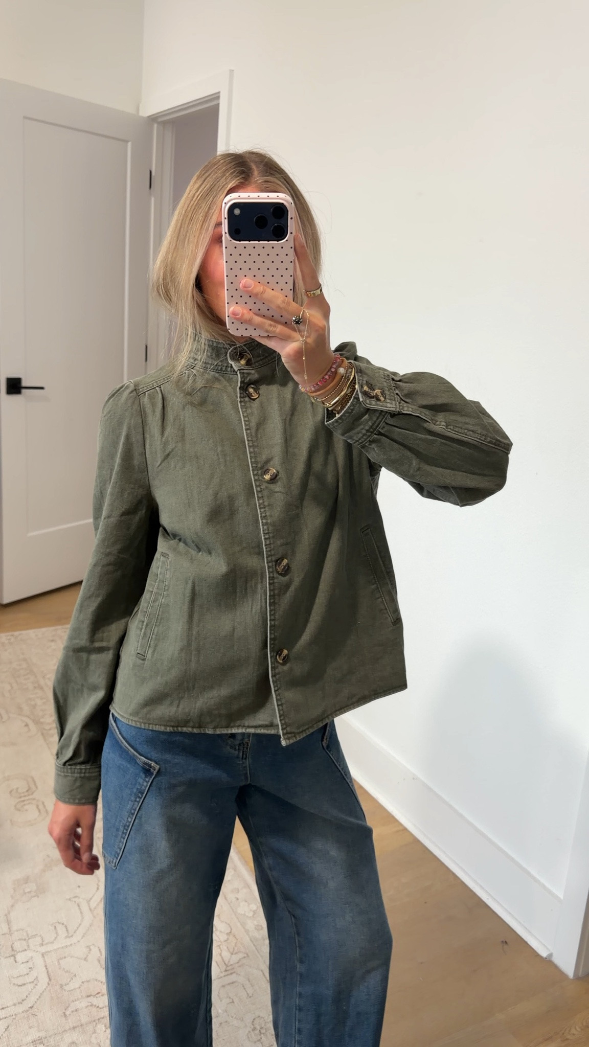 Amazon size small Womens Puff Long Sleeve Jean Jacket Casual Stand Collar Button Down Denim Jackets Loose Fit Tops