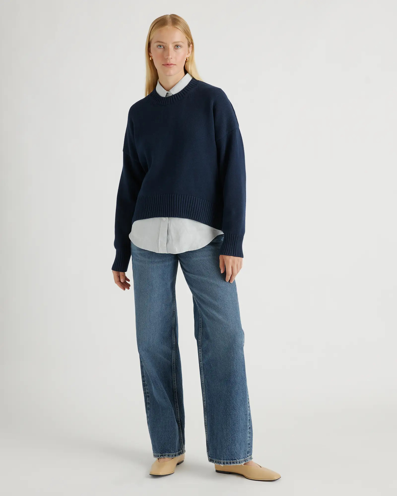 100% Organic Cotton Boyfriend Crew Sweater in Navy | Quince