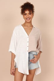 Zoe Button Down Top - Tan/White | Petal & Pup (US)