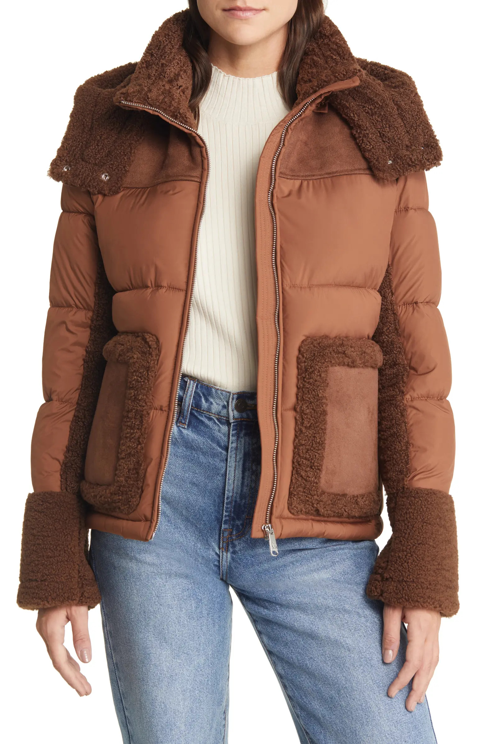 Sam Edelman Mixed Media Puffer Jacket with Faux Fur Trim | Nordstrom | Nordstrom