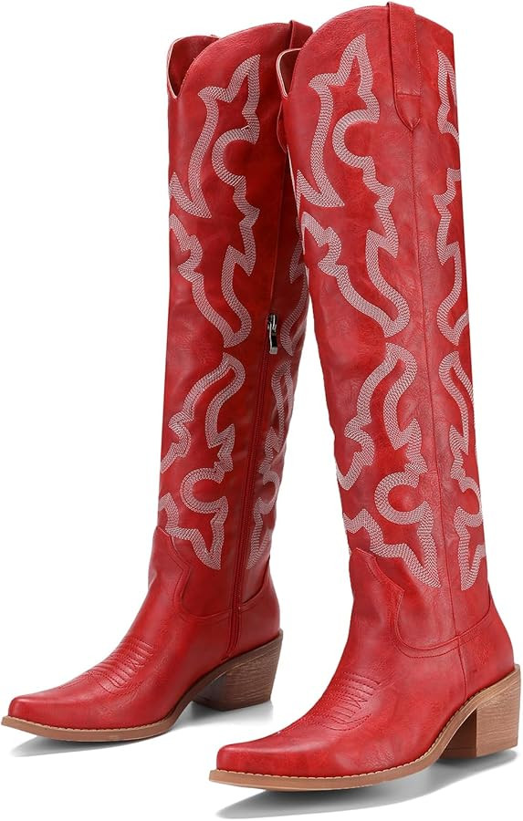 Embroidered Cowboy Boots for Women Western Stitch Patterns Over The Knee Cowgirl Boots Snip Toe C... | Amazon (US)