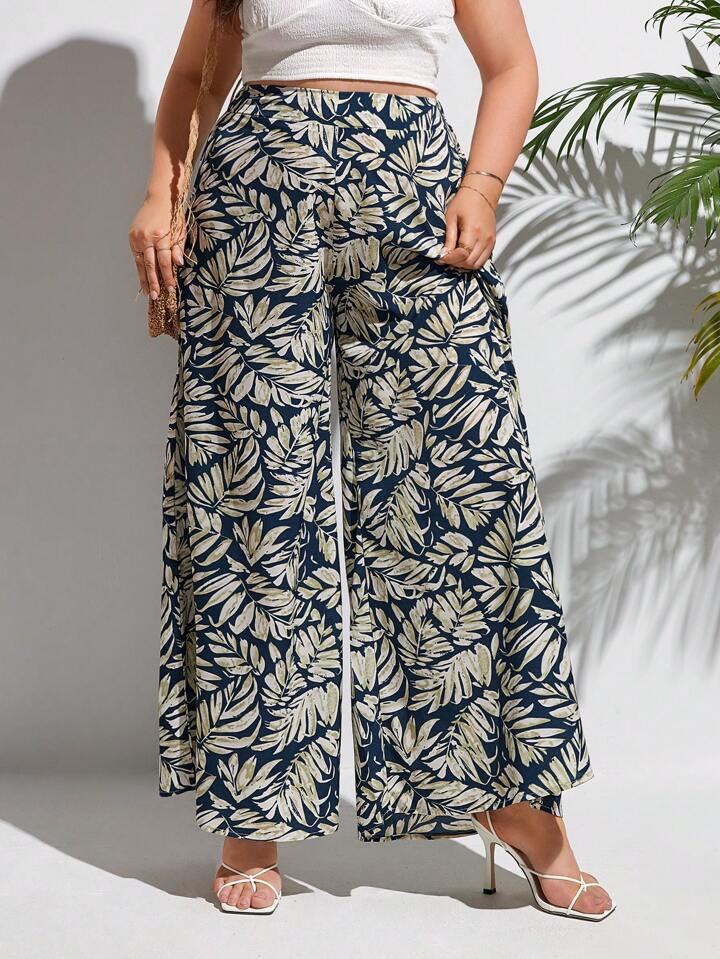 SHEIN Frenchy Plus Tropical Print Wide Leg Pants | SHEIN