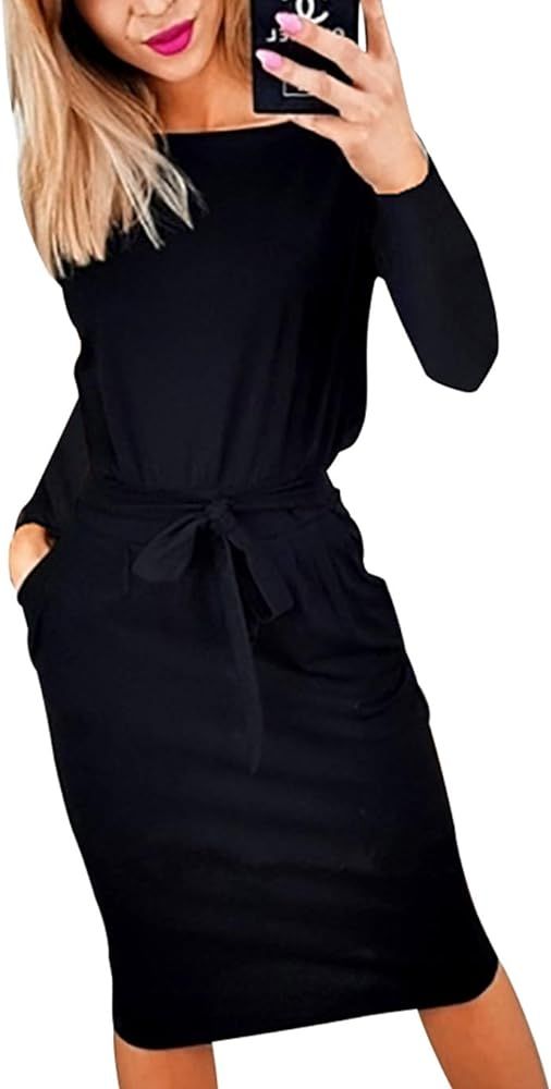 PRETTYGARDEN Women's Casual Long Sleeve Party Bodycon Sheath Belted Dress with Pockets | Amazon (US)