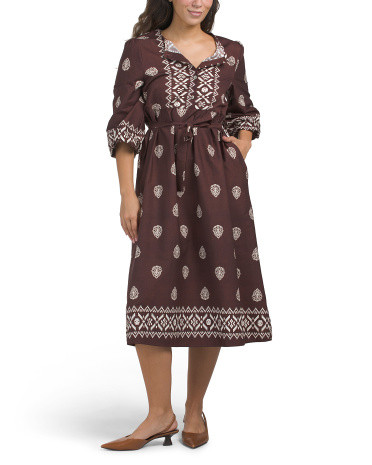 Made In Italy Long Sleeve Border Print Midi Dress With Belt | TJ Maxx