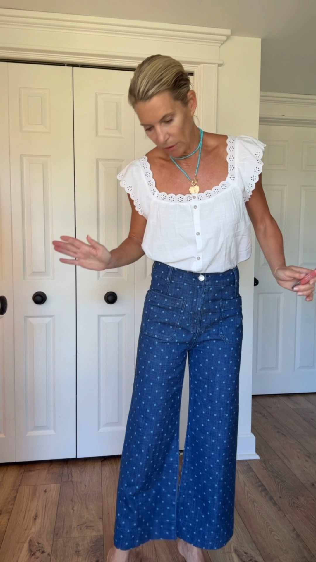 How about this darling blouse and polka dot jeans???  The whole outfit is under $65 bucks!!!!  I’m in smallest sizes available. Stuff runs big

#LTKootd #LTKOver40 #LTKSaleAlert