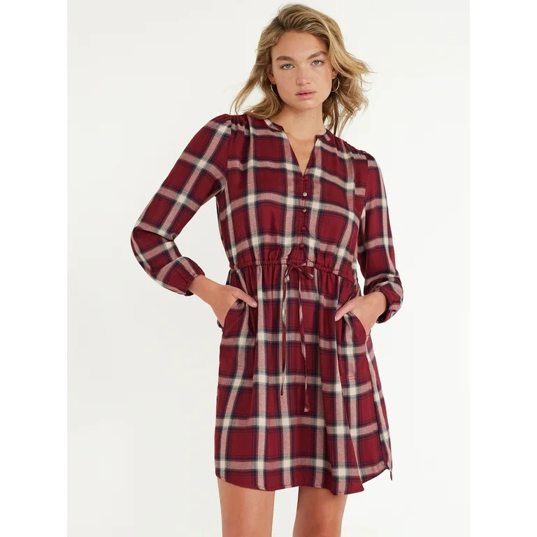 Time and Tru Women's Drawstring Flannel Dress with Long Sleeves, Sizes XS-XXXL | Walmart (US)
