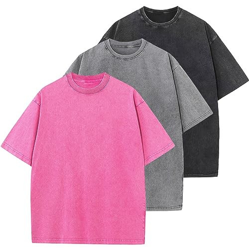 3 Pcs Oversized Heavy Cotton Summer T-Shirts Vintage Unisex Short Sleeves Casual Loose Basic Tops(A-Pink+Grey+Black S) | Amazon (US)
