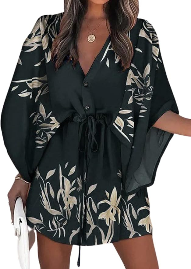 CUPSHE Women's V-Neck Flared Sleeve Elastic Waist Drawstring Loose Dress Button Down Floral Print... | Amazon (US)