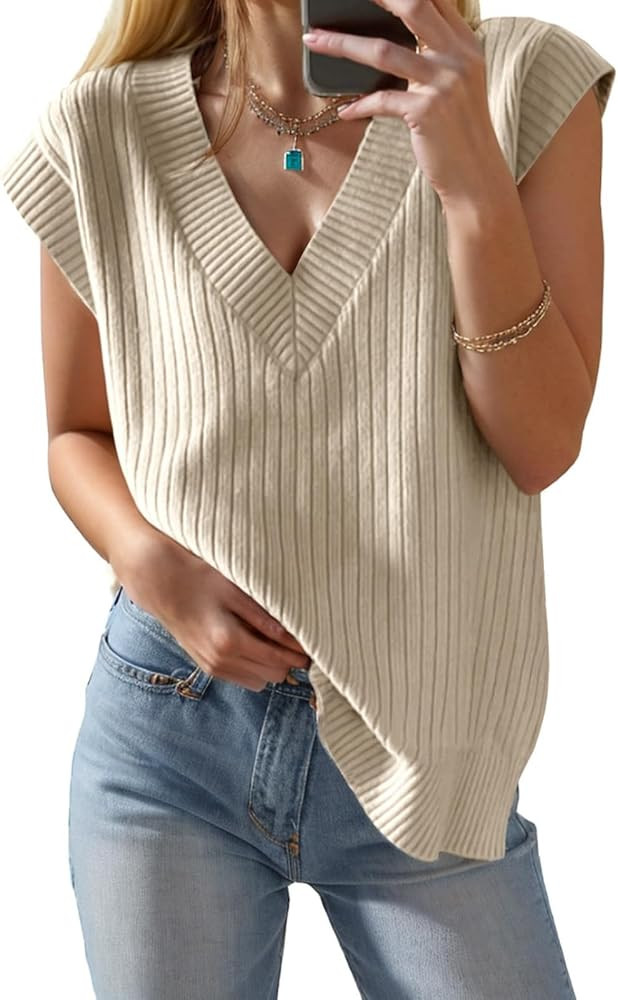 Womens Summer Tops 2025 Spring Sweater Vest Tank Top V Neck Ribbed Short Cap Sleeve Loose Fit Sid... | Amazon (US)
