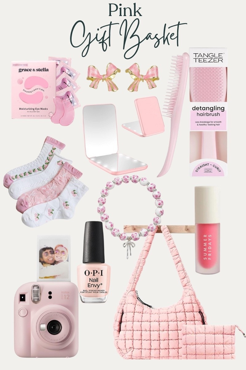 All things pink gift basket idea 
Pink aesthetic 
Summer Fridays 
Quilted bag 
Pink bows 
Tween gift
Teen gifts 
Amazon gifts 

#LTKFindsUnder100 #LTKU #LTKFindsUnder50