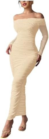 Floerns Women's Pearl Beaded Off The Shoulder Dress Ruched Bodycon Maxi Prom Dresses | Amazon (US)