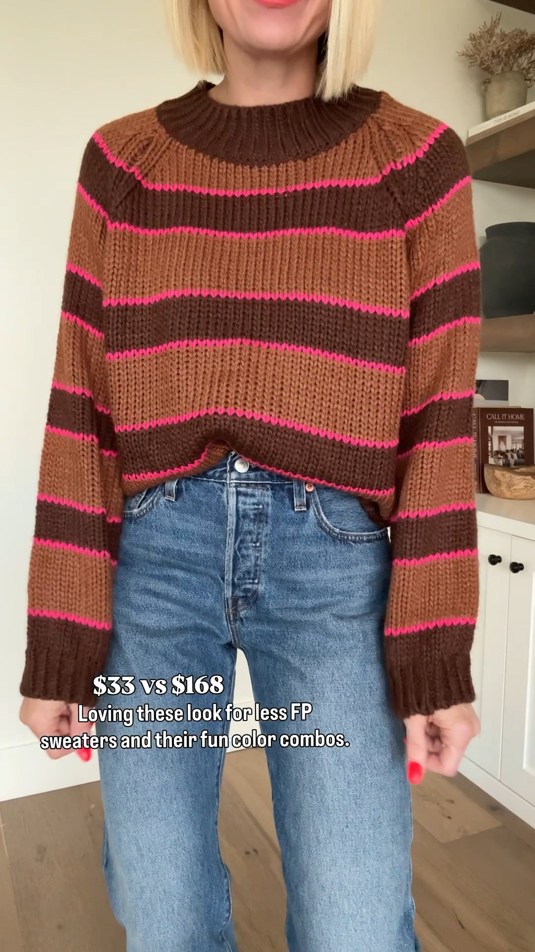 Loving these colorful, lightweight chunky knit sweaters — a free people look for less. 
They are not the same quality as the FP ones, but when you’re paying 1/5 of the price that’s expected IMO. I think it’s a great sweater for theprice. I would consider sizing up. Wearing a medium in the brown 🤎🩷🤎and medium in the 💙🤍🩷

#LTKmomlife #LTKgrwm #LTKOver40