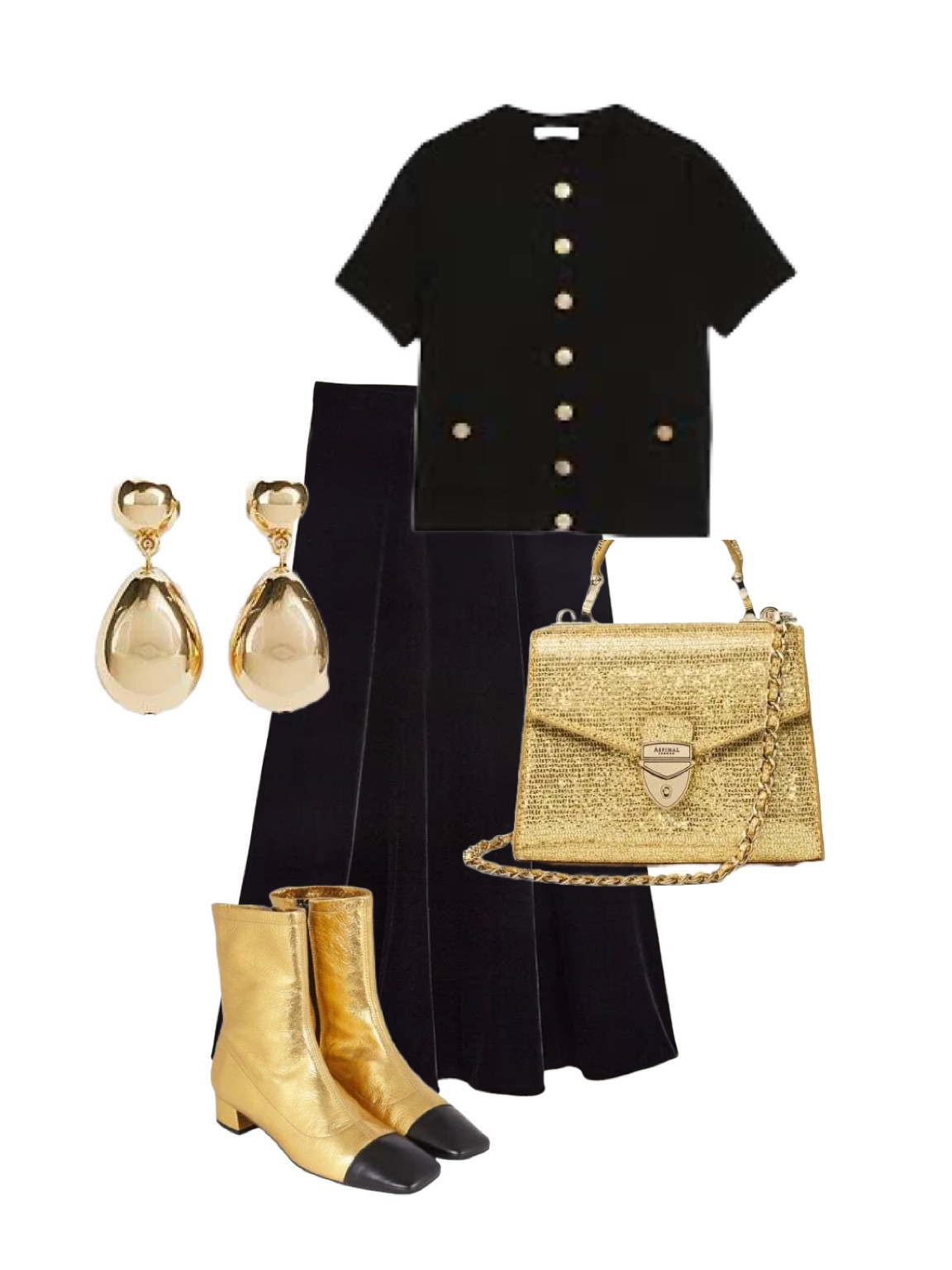 Black and gold evening glamour with the Hobbs London Limited Edition Charteris Skirt in Black Velvet ON SALE, LK, Aspinal London Gold Mini Mayfair Top Handle Bag and Black Enamel Huggies & Mayfair Watch, Gold Black Toe Cap Ankle Boots by Augusta at 24S. Gold Drop Earrings are by LK Bennett, and I although this Marks and Spencer Black Crew Neck Cardigan with Gold Buttons is currently out of stock I’ve added plenty of other suggestions! The product list also includes silk scarves by Aspinal which would make the finishing touch⚡️ 

#LTKluxury #LTKuk #LTKeurope