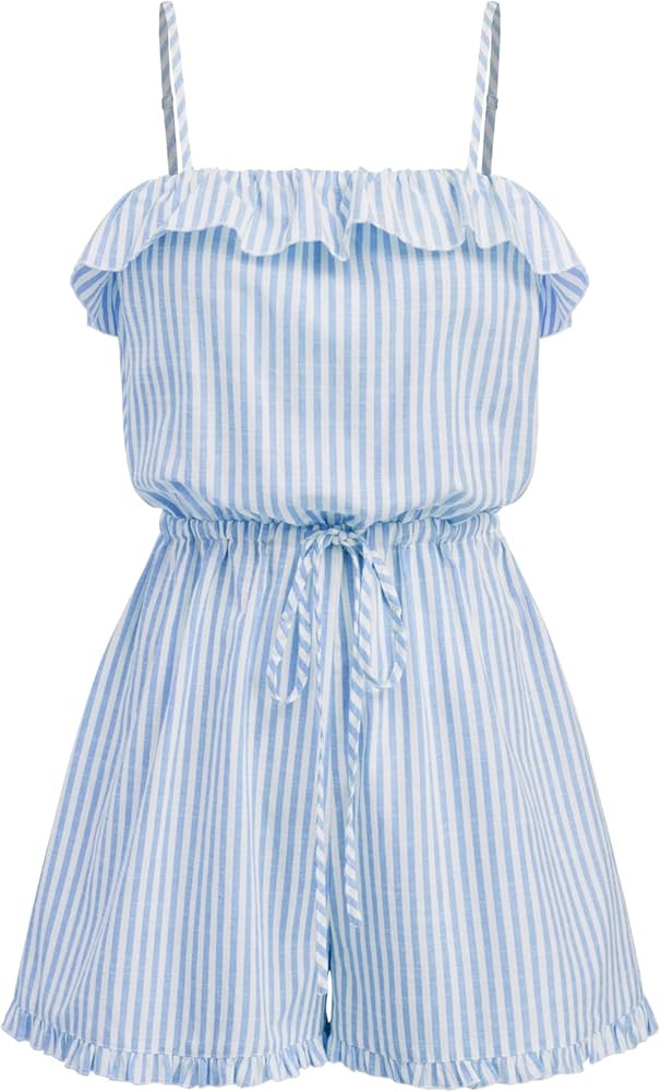 CIDER Womens Casual Rompers Sleeveless Ruffle Drawstring Striped Overall Shorts | Amazon (US)