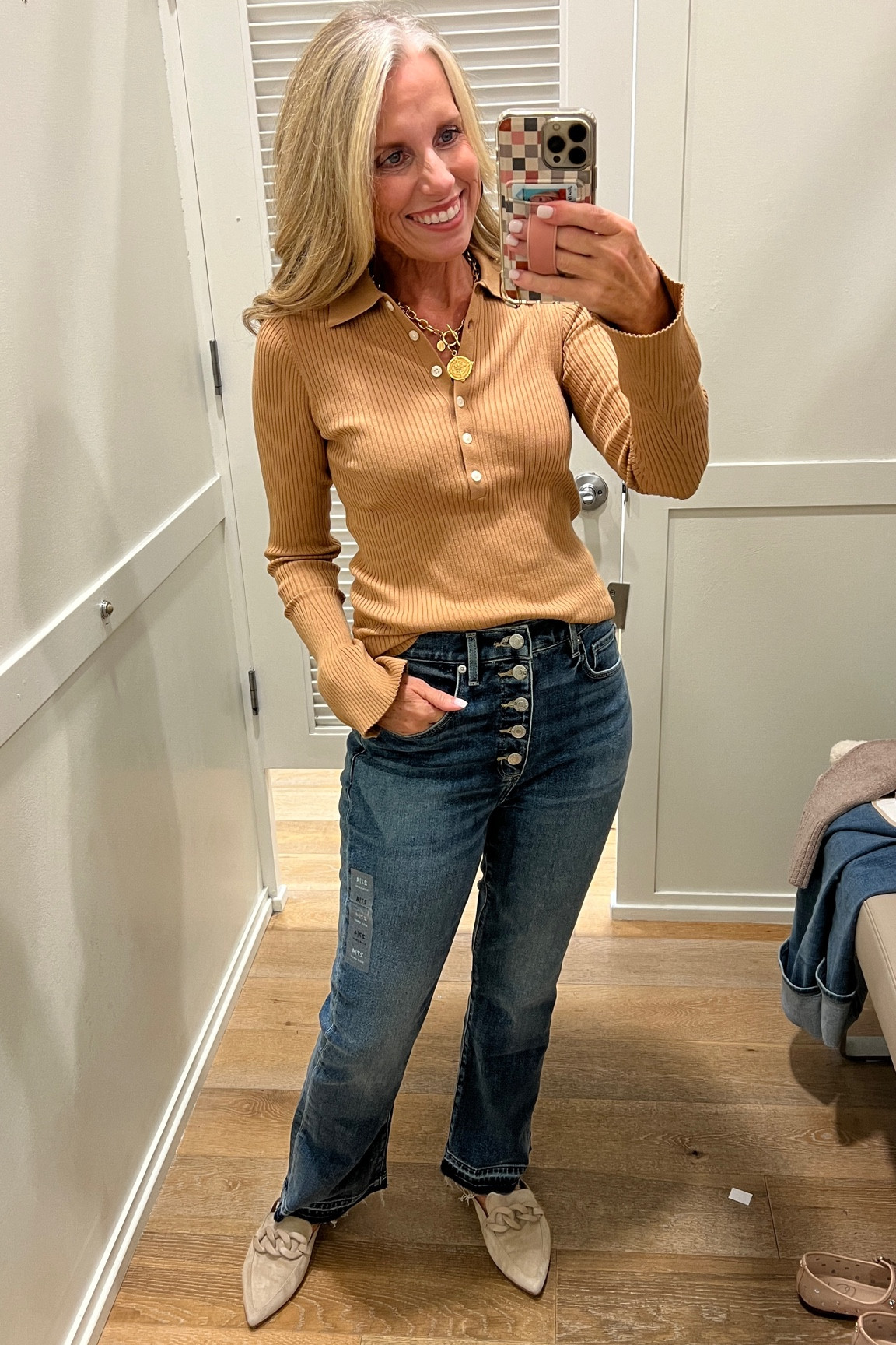 Limited time 50% off + free shipping 
XS ribbed polo
27 button front jeans 

#LTKStyleTip #LTKFindsUnder50 #LTKOver40