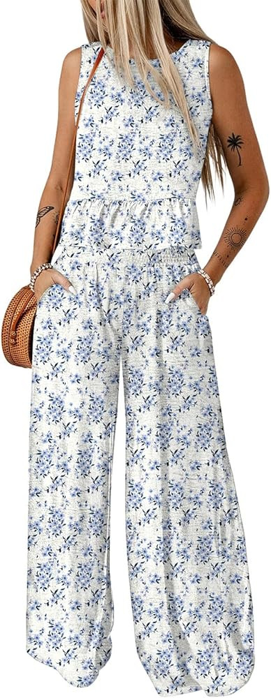 Dokotoo Pants Sets Women 2 Piece Outfits Sleeveless Round Neck Tank Tops Matching Sets for Women ... | Amazon (US)