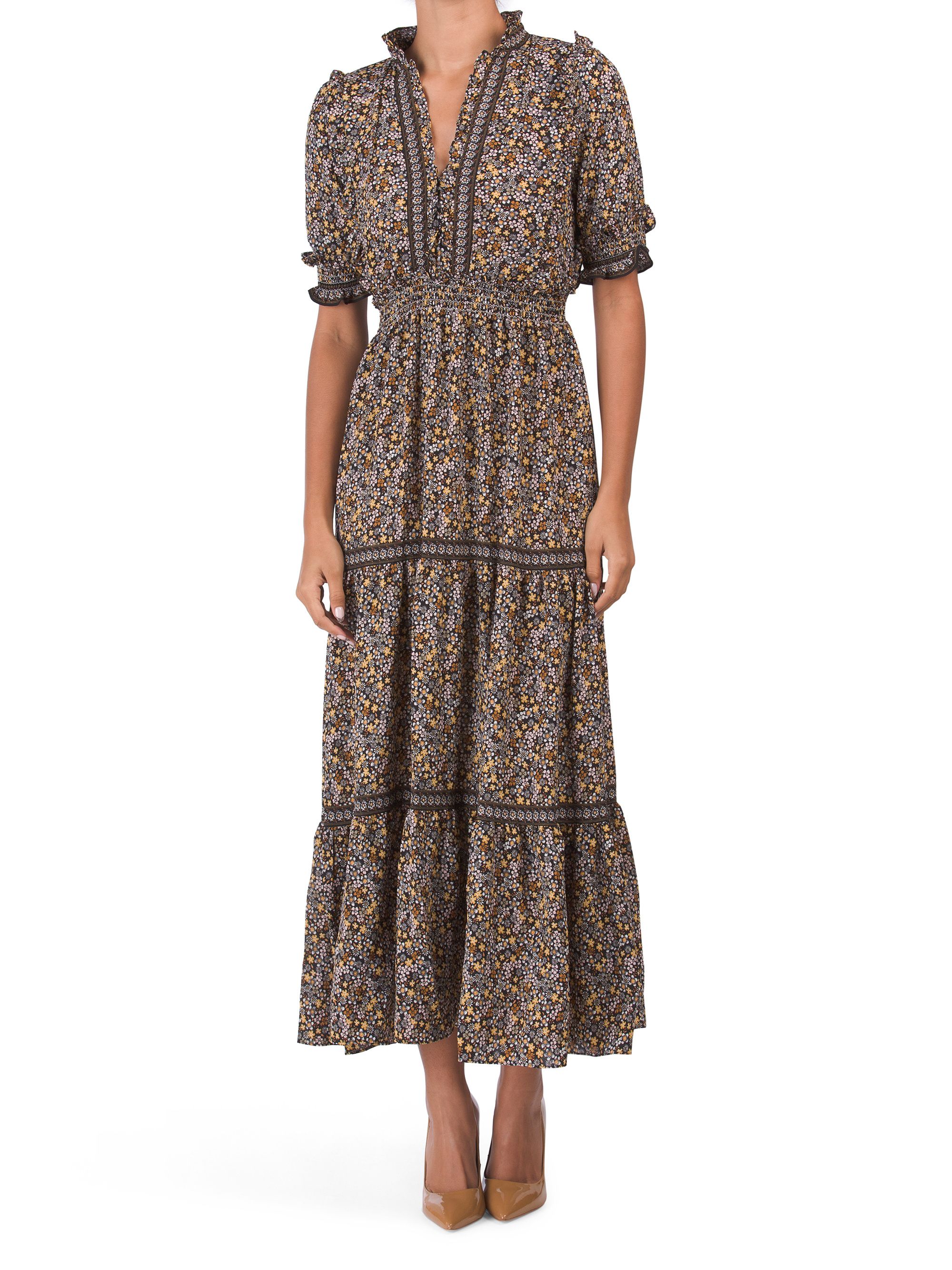 Elbow Sleeve Printed Tiered Bubble Crepe Maxi Dress | TJ Maxx