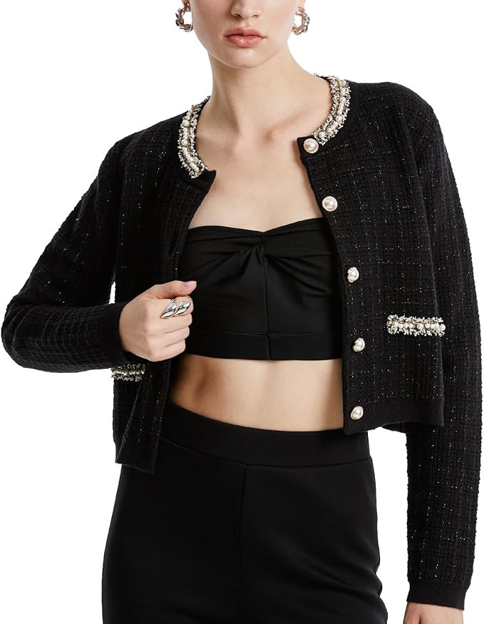 Womens Cropped Cardigan Sweaters Open Front Casual Long Sleeve Knit Pearl Button Down Crew Neck J... | Amazon (US)