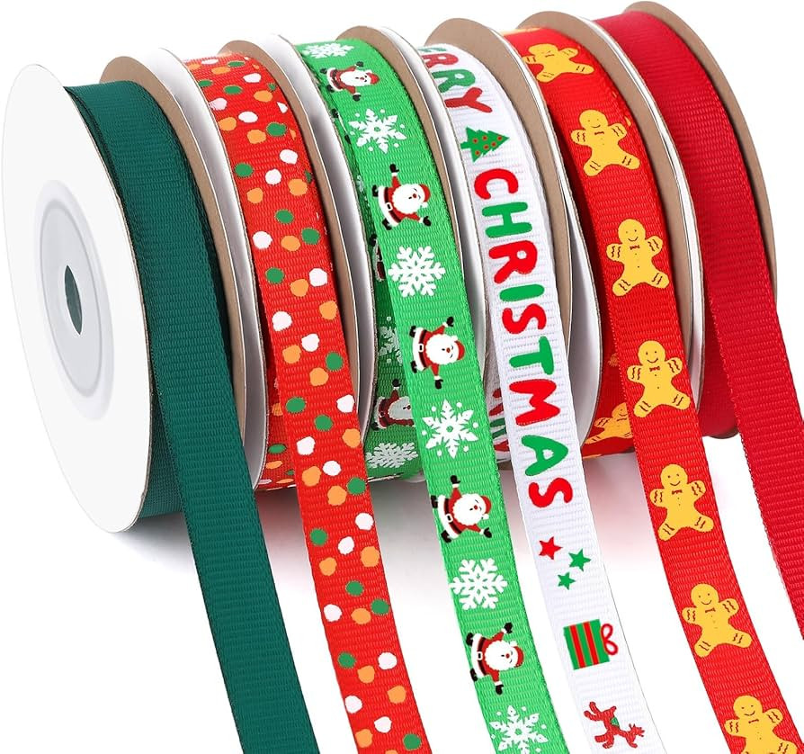 DECYOOL Christmas Ribbon, 6 Rolls 60 Yards Snowflakes Santa Claus Gingerbread Man Dots Ribbon for... | Amazon (US)
