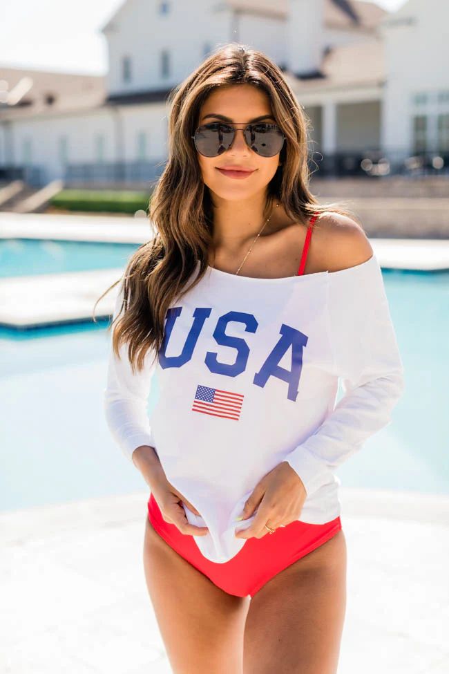 Athletic USA Flag White Graphic Slouchy Sweatshirt | The Pink Lily Boutique