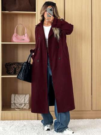 SHEIN EZwear Ancora Red Women's Solid Color Stand Collar Double Breasted Casual Coat, Autumn/Winter | SHEIN