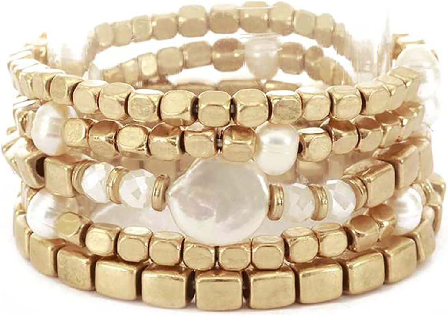 Rosemarie & Jubalee Women's Set of 5 Stacking Matte Gold Chunky Nugget Freshwater Pearl Beaded Stret | Amazon (US)