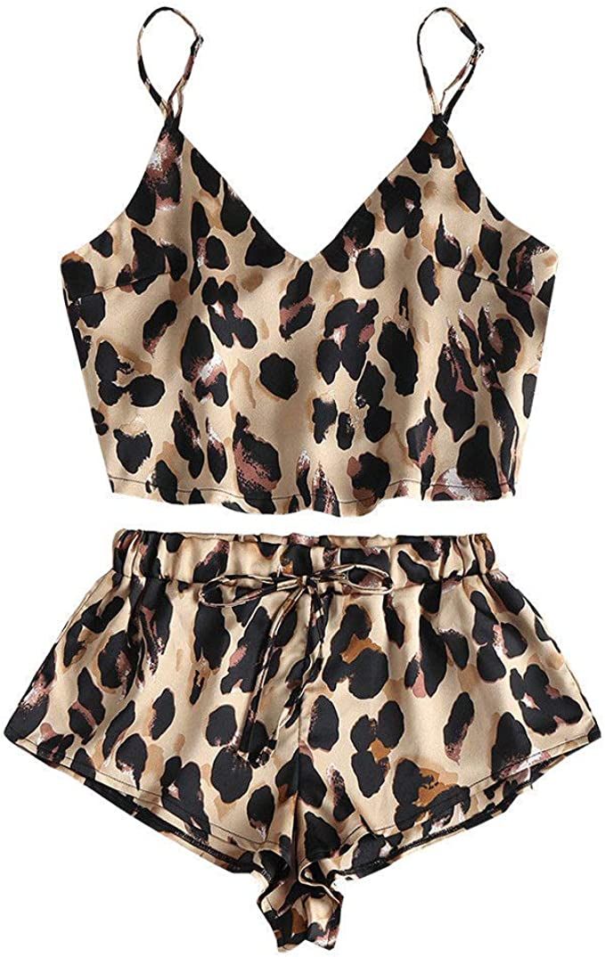 Women Satin Pajama Set Leopard Bralette Cami Crop Top+Panties Shorts G-String Thong Sleepwear Pjs | Amazon (US)