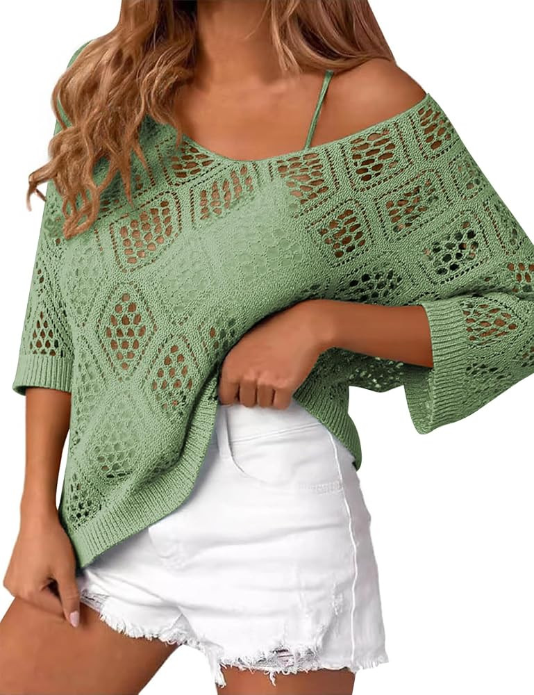 LOMON Womens 3/4 Sleeve Crochet Tops Off Shoulder Hollow Out Sweater V Neck Casual Loose Fit Beac... | Amazon (US)