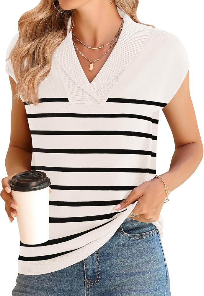 Ivicoer Sweater Vest Women V-Neck Knitted Pullover Short Cap Sleeve Collared Tops Dressy Casual 2... | Amazon (US)