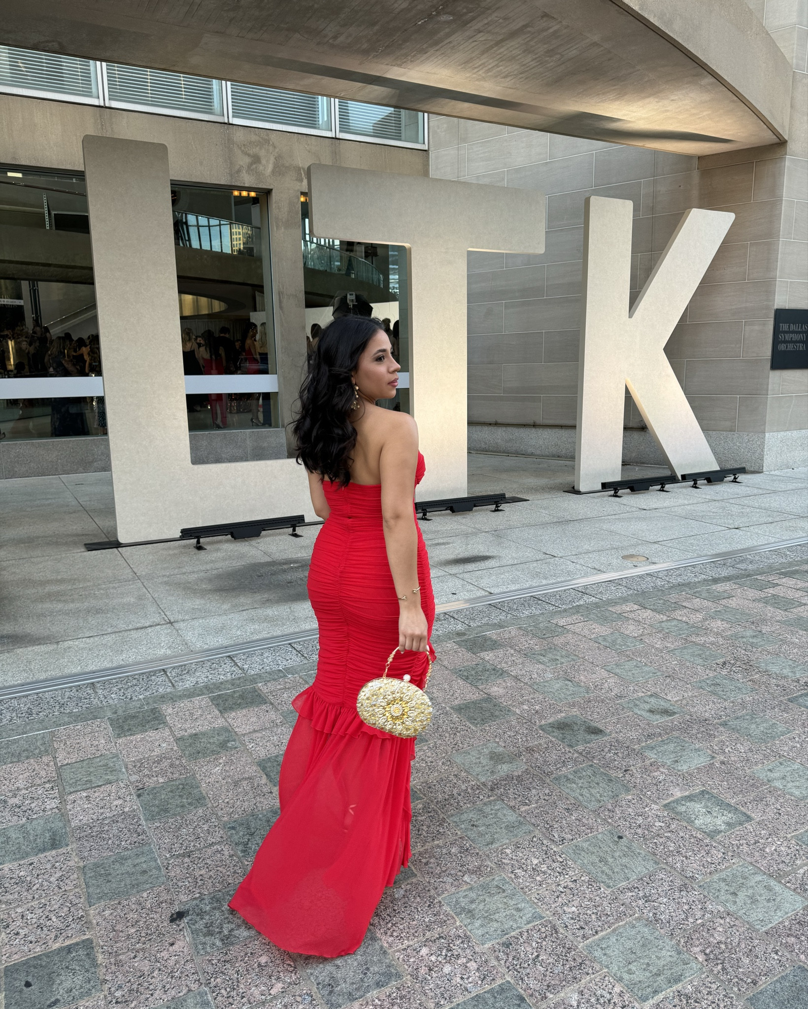 Ltk con awards ceremony outfit 
Red gown: small 
Gold heels: 7 
Gold embellished clutch 

#LTKStyleTip #LTKCon #LTKWedding