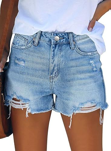 CHICZONE Womens Mid-High Waisted Denim Jean Shorts Cutoff Ripped Stretchy Summer Hot Short Pants | Amazon (US)