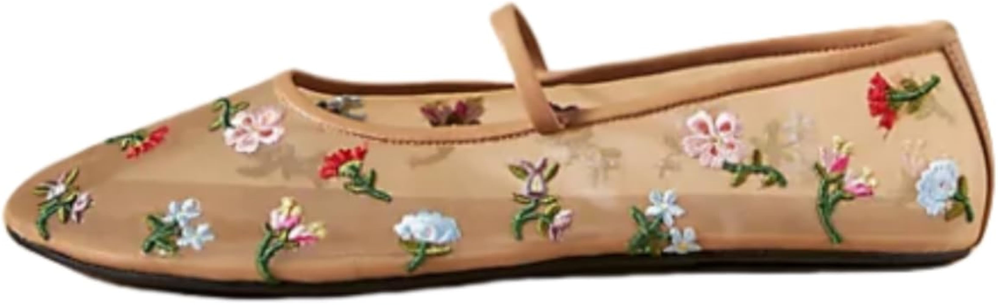 MAVMAX Nude Mesh Ballet Flats for Women Tulle Floral Embroidered Mary Jane Ballerina Round Toe Co... | Amazon (US)