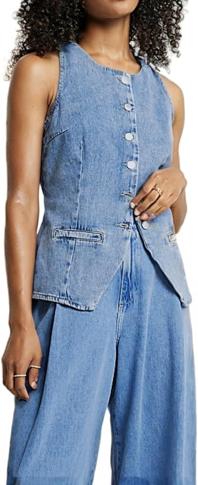 Women's Denim Long Vest Tops Crew Neck Button Down Back Belt Denim Waistcoat Sleeveless Jean Jack... | Amazon (US)