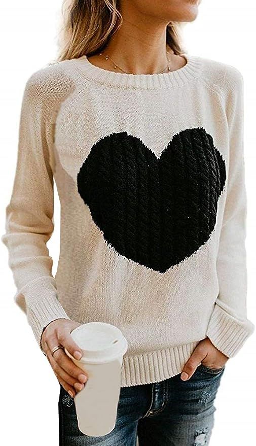Women's Sweater Heart Pattern Patchwork Pullover Long Sleeve Crew Neck Knits Loose Top | Amazon (US)