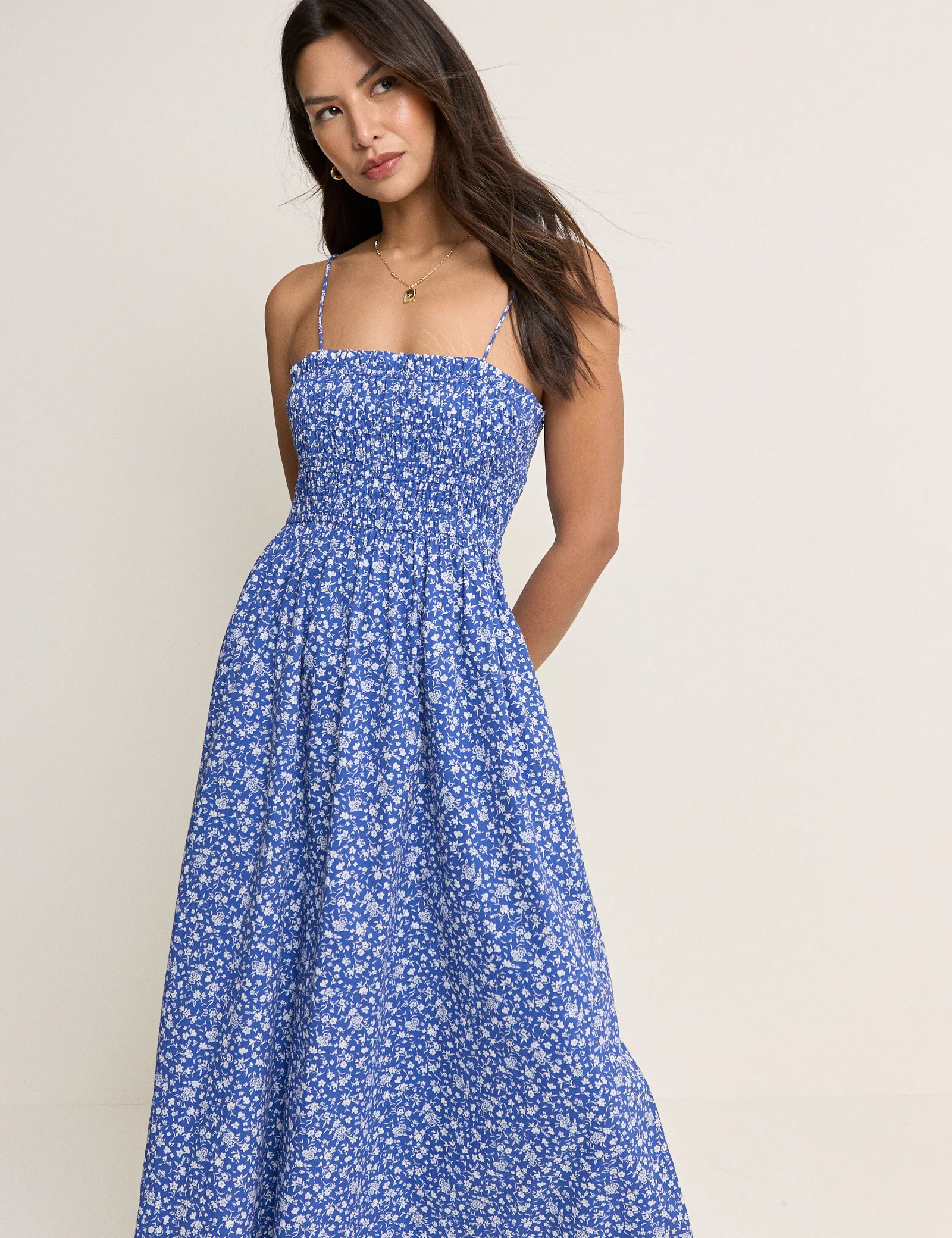 Blue Floral Shirred Rita Midi Dress | Nobody's Child