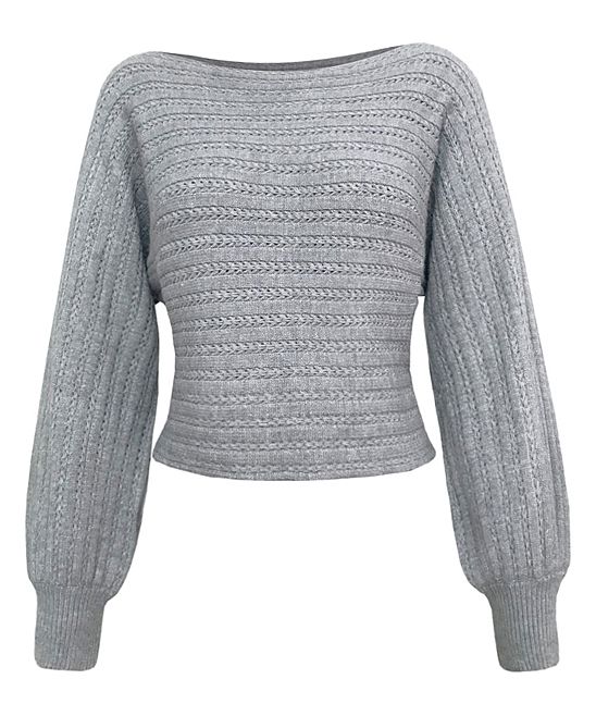 CELLABIE Women's Pullover Sweaters Grey - Gray Cable-Knit Bishop-Sleeve Crop Sweater - Women | Zulily