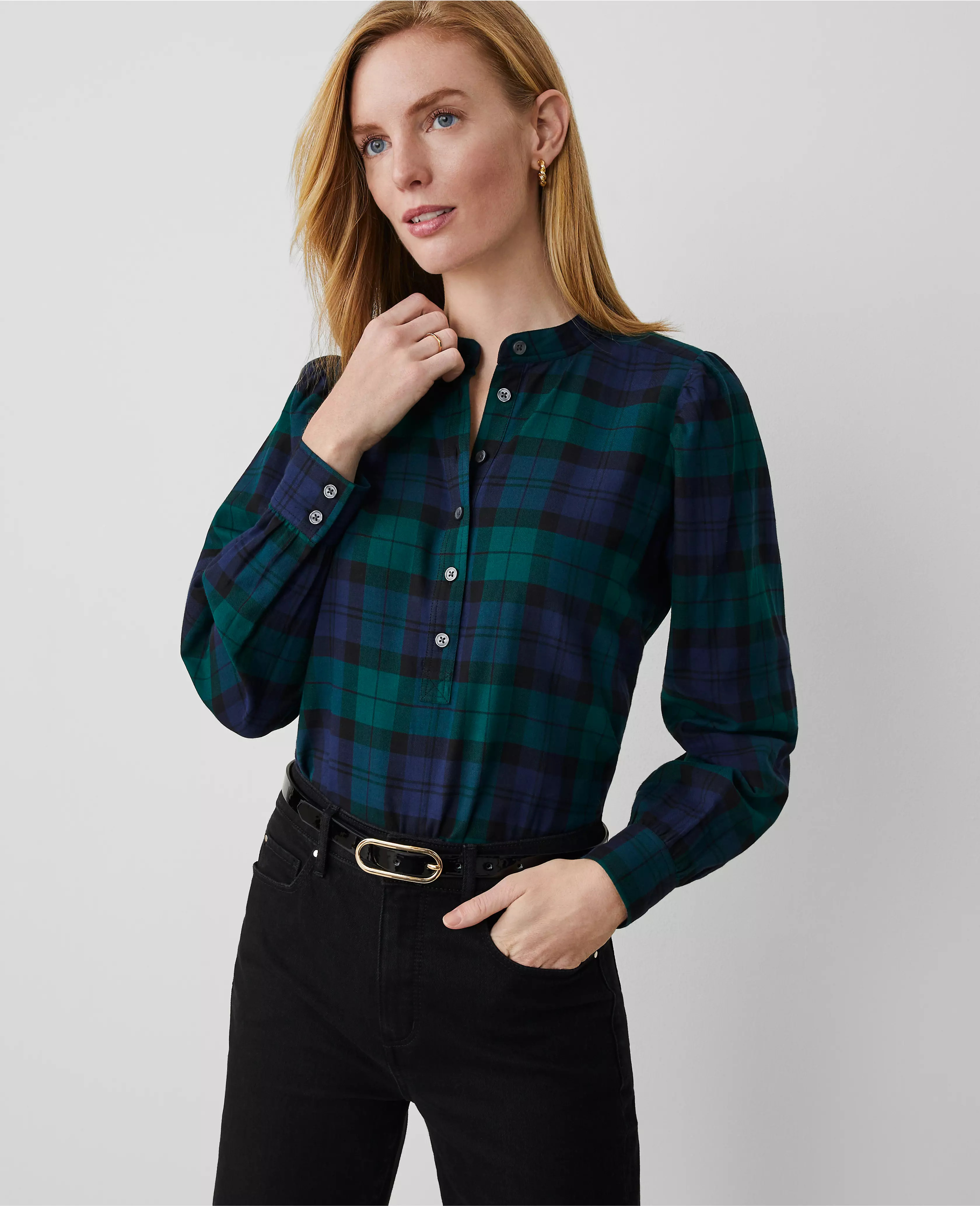 Tartan Half-Placket Button Top | Ann Taylor (US)