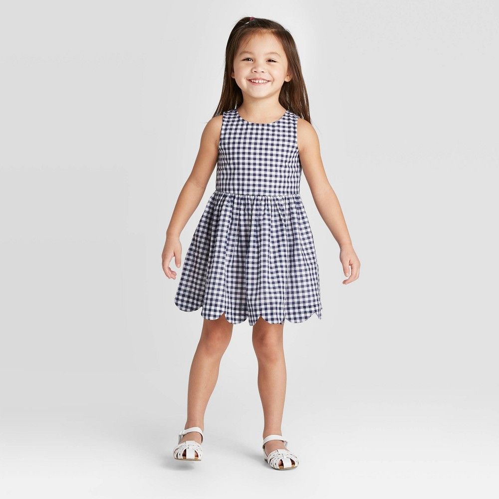 Toddler Girls' Gingham Scallop Hem Dress - Cat & Jack Navy 3T, Blue | Target