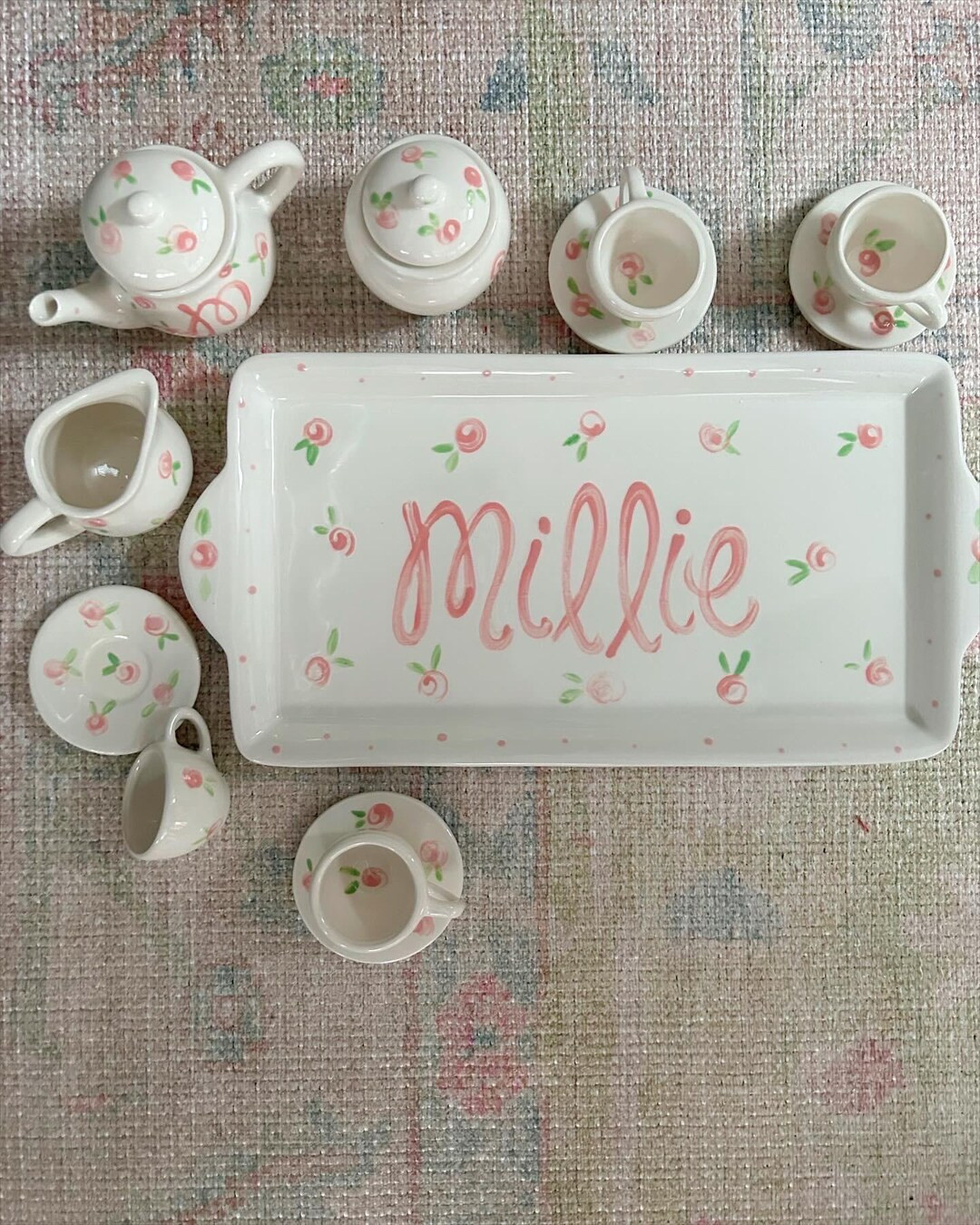 Little Girls Personalized Tea Set With Tray // Lets Have Some Tea // Pink Roses Design - Etsy | Etsy (US)