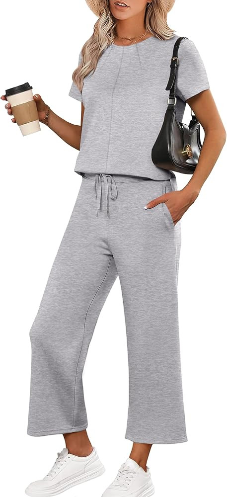 ANRABESS Women's 2 Piece Outfits Lounge Sets 2025 Summer Sweatsuits Short Sleeve Wide Leg Pants S... | Amazon (US)