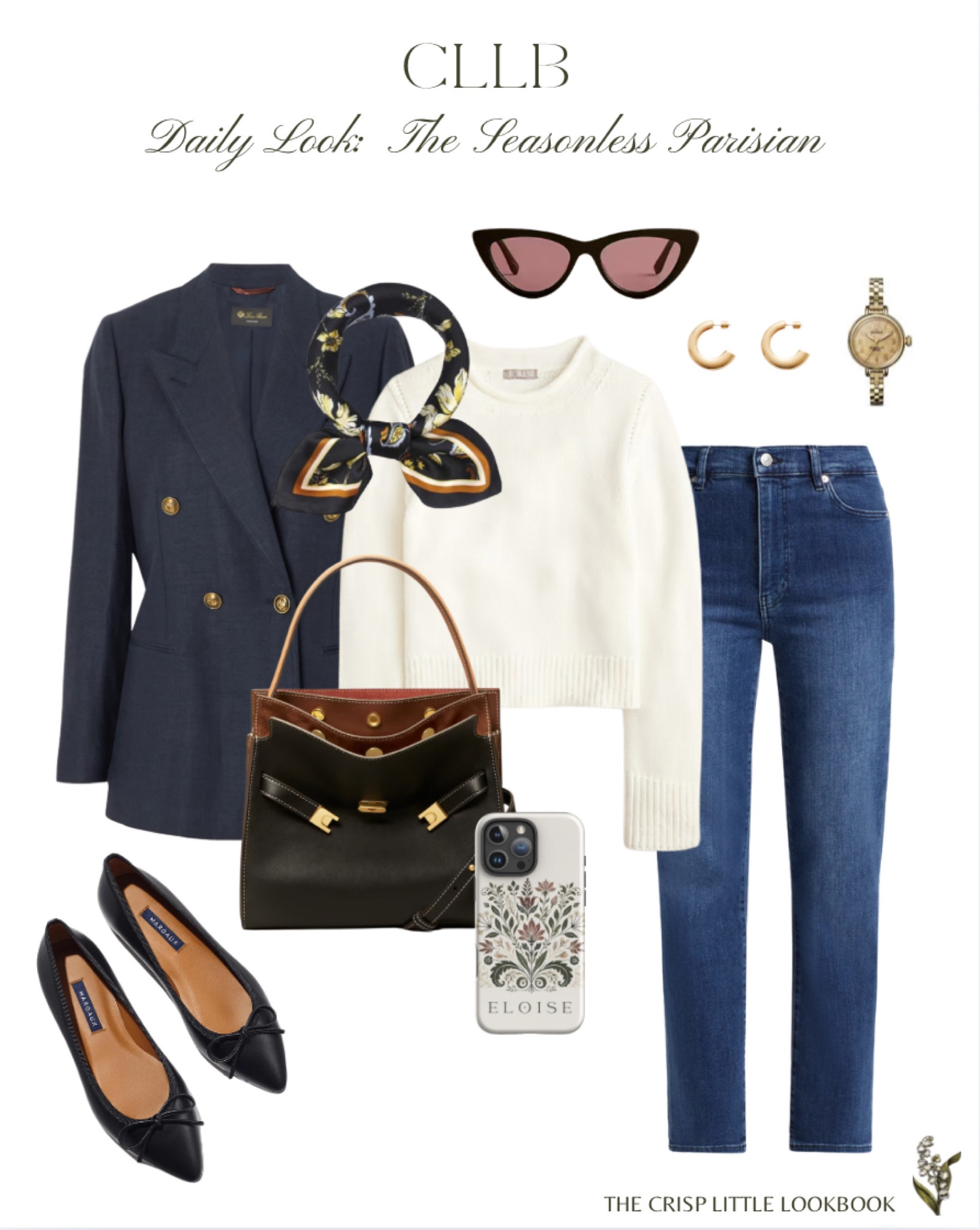 The wear all year-round Parisian look.  Always in style.  Navy blazer, white cotton sweater, slim straight jeans, ballet flats, a classic bag, silk scarf, personalize phone case, and gold accessories ✨

#LTKOver40 #LTKStyleTip #LTKItBag