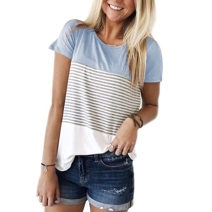 YunJey Short Sleeve and Long Sleeve Round Neck Triple Color Block Stripe T-Shirt Casual Blouse | Amazon (US)