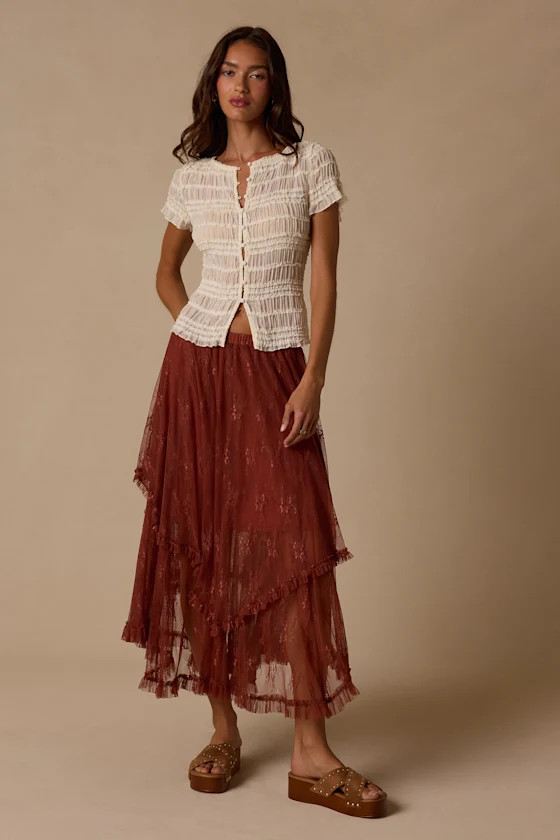 Briony Brown Lace Ruffled Midi Skirt | Lulus