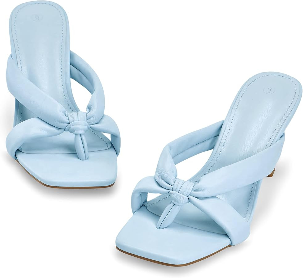 Coutgo Womens Thong Heels Mules Square Toe Heeled Flip Flops Mule Sexy Stiletto Dress Party Sanda... | Amazon (US)