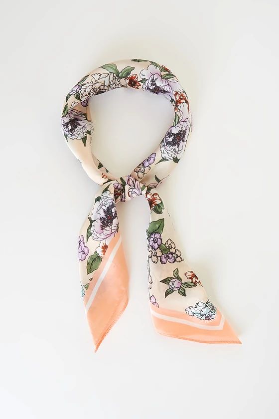 For Me? Peach Multi Floral Print Satin Handkerchief Scarf | Lulus (US)