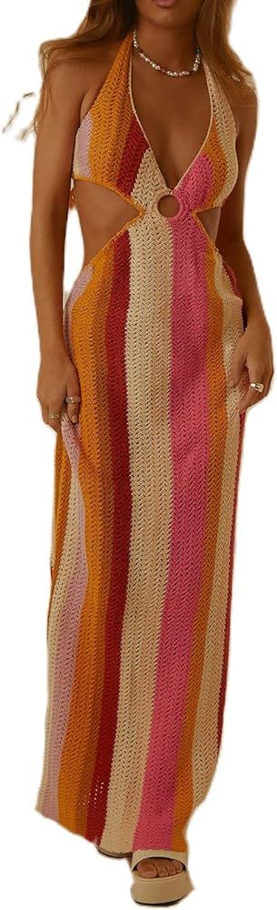 NUFIWI Women Crochet Knit Print Maxi Dress Hollow Out Halter Neck Long Dress Sexy Slim Fit Backle... | Amazon (US)