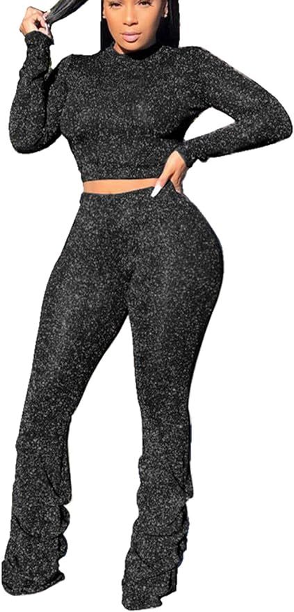 Two Piece Outfit for Women Sparkly Sexy Crop Tops + High Waist Long Pants Sweat Suits Tracksuits ... | Amazon (US)