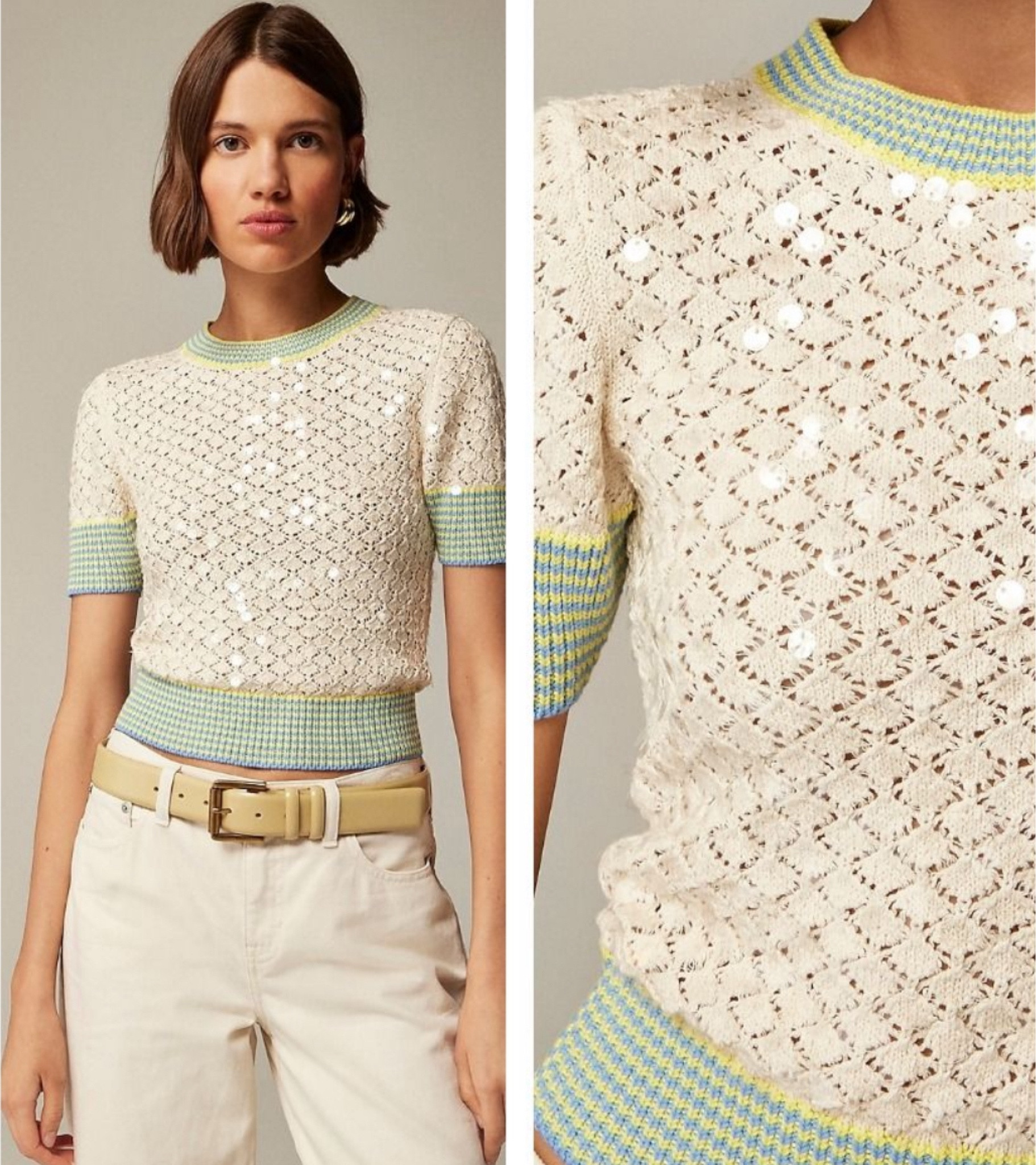 Sequin pointelle sweater-tee with striped trim.