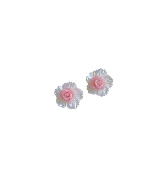 mini mother of pearl + pink flower stud | Nicola Bathie Jewelry